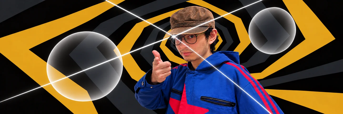 Ninjaruss pointing toward the viewer against a gold and black spiral